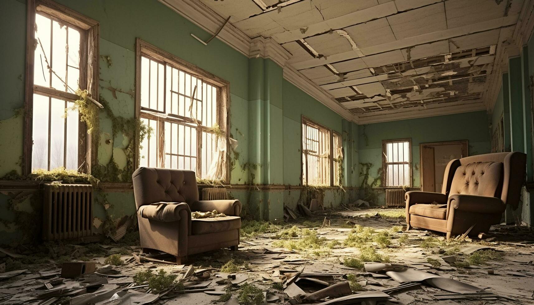 AI generated Abandoned home interior, ruined chair, dirty flooring generated by AI photo