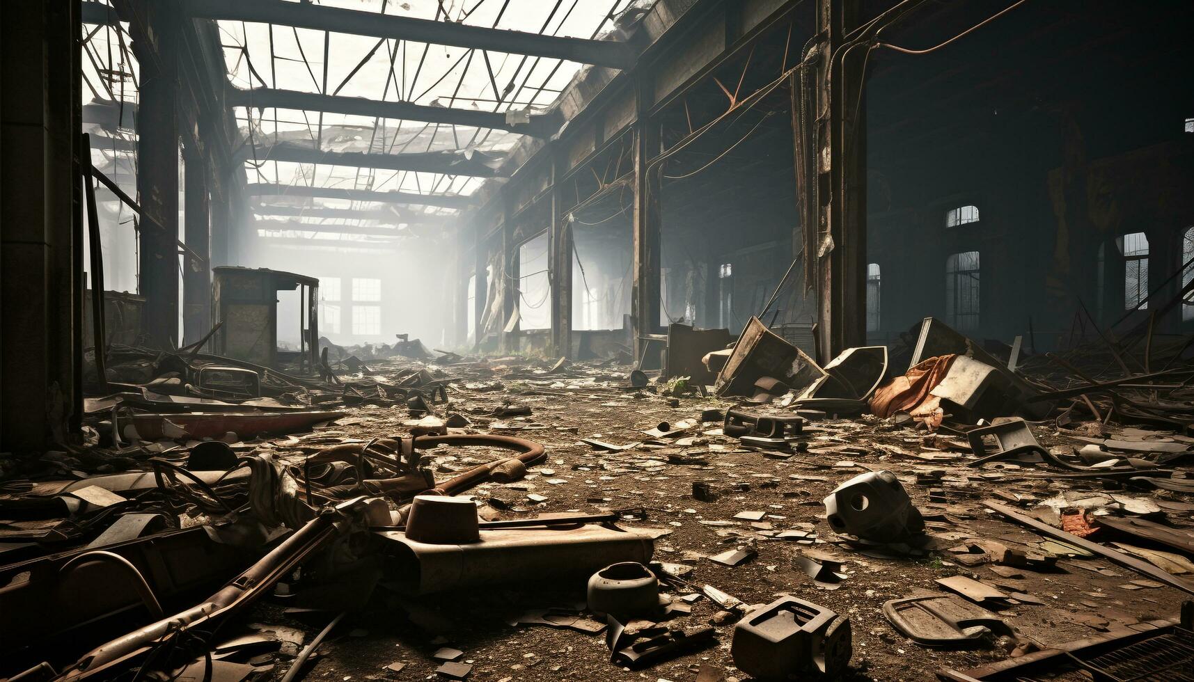 AI generated Ruined factory, broken windows, rusty metal, messy environment generated by AI photo