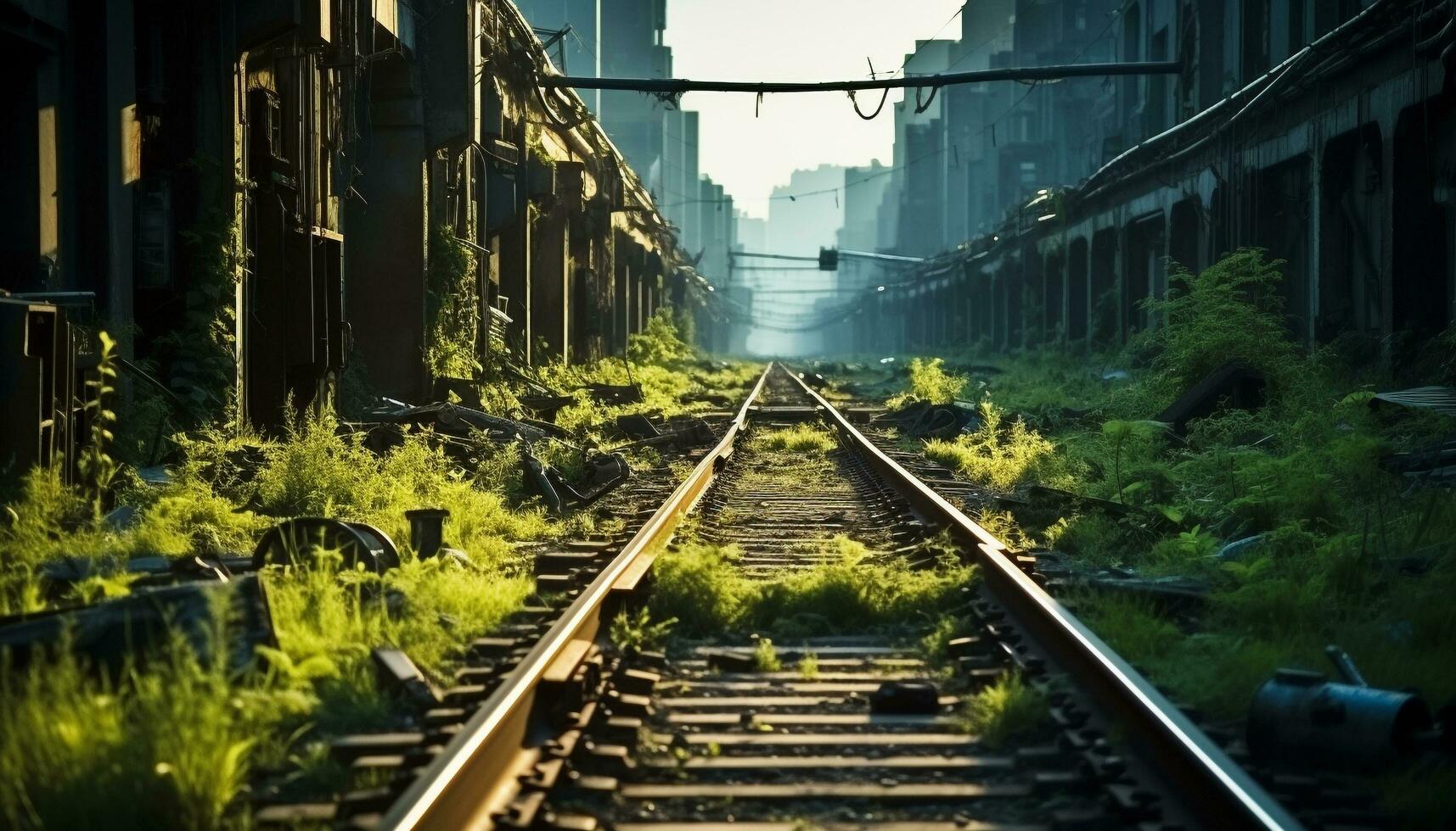 AI generated Vanishing point of old railroad track, transportation motion generated by AI photo