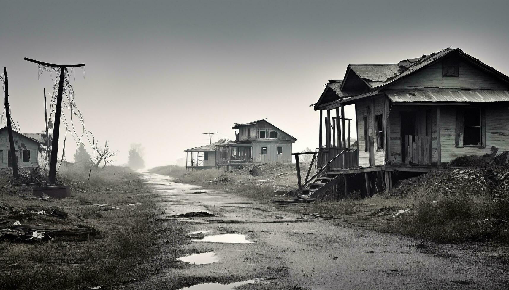 AI generated Abandoned hut in rural landscape, broken and ruined generated by AI photo