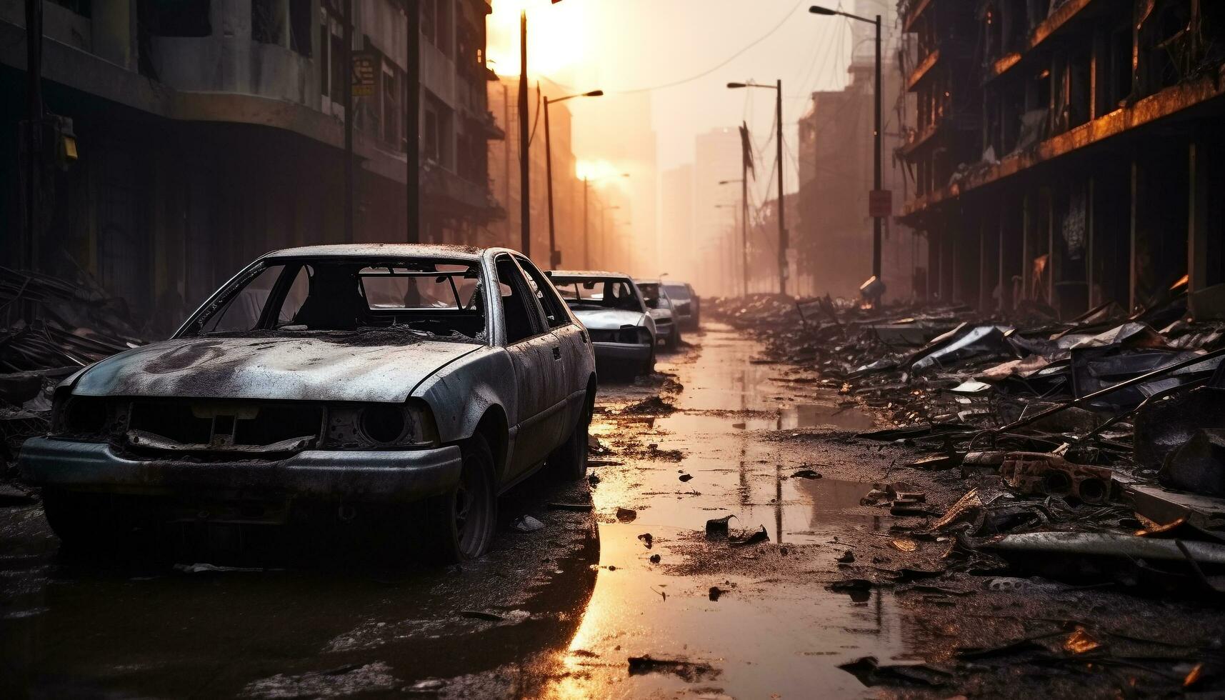 AI generated Dirty car speeds through city streets at night generated by AI photo