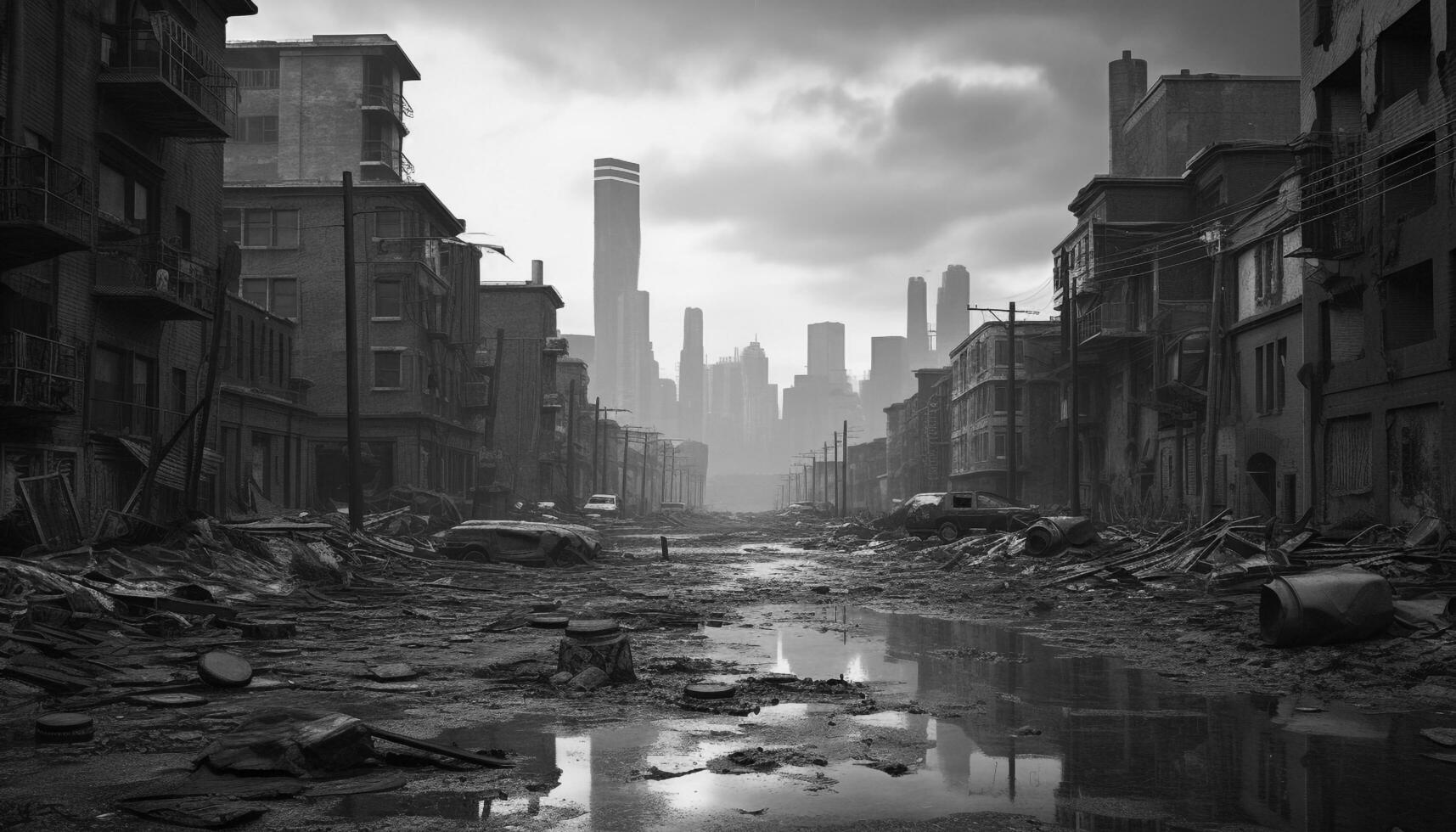 ai generado sucio rascacielos reflejar el arruinado ciudad oscuro destrucción generado por ai foto