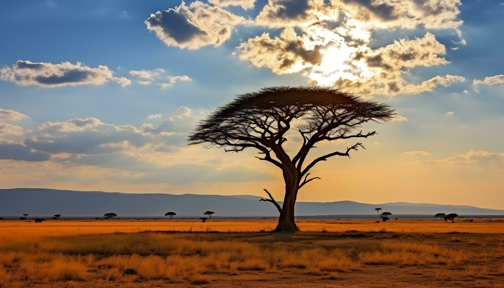 AI generated Silhouette of acacia tree in African sunset generated by AI photo