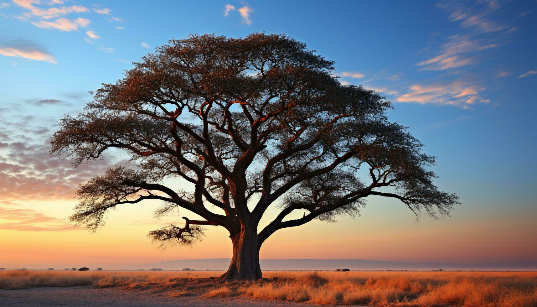 AI generated Silhouette of acacia tree in African sunset generated by AI photo