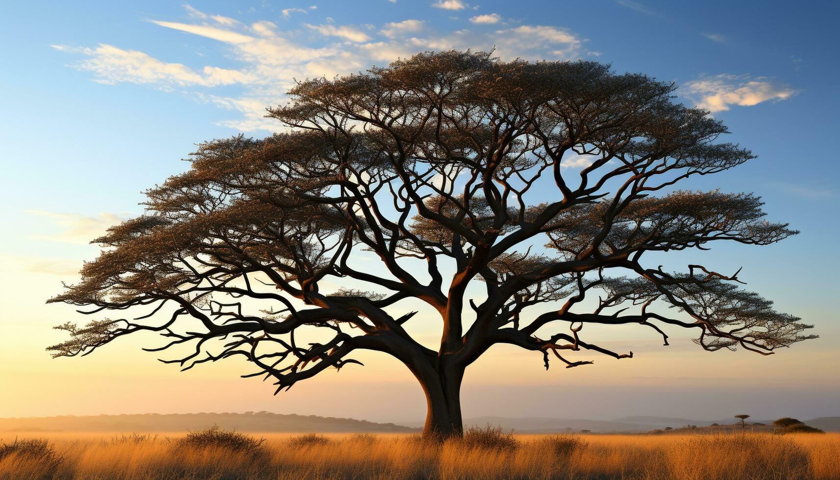 ai generado silueta de acacia árbol en contra naranja puesta de sol cielo generado por ai foto