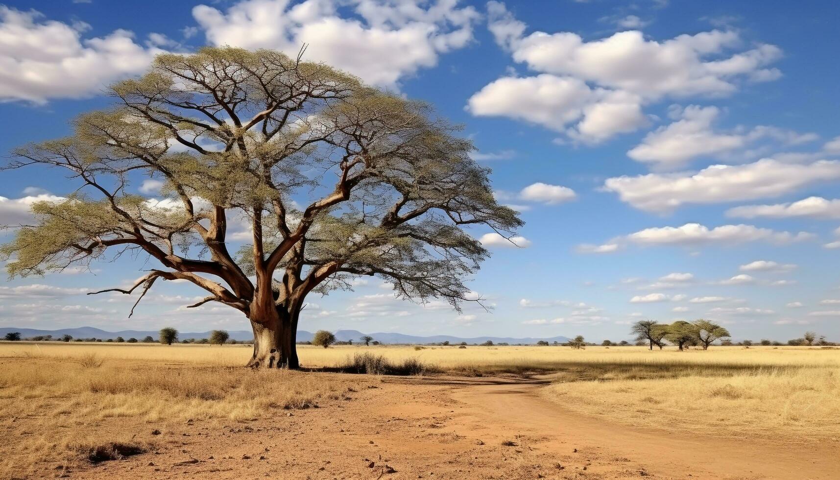 AI generated Arid climate, blue sky, acacia tree, dry grass generated by AI photo