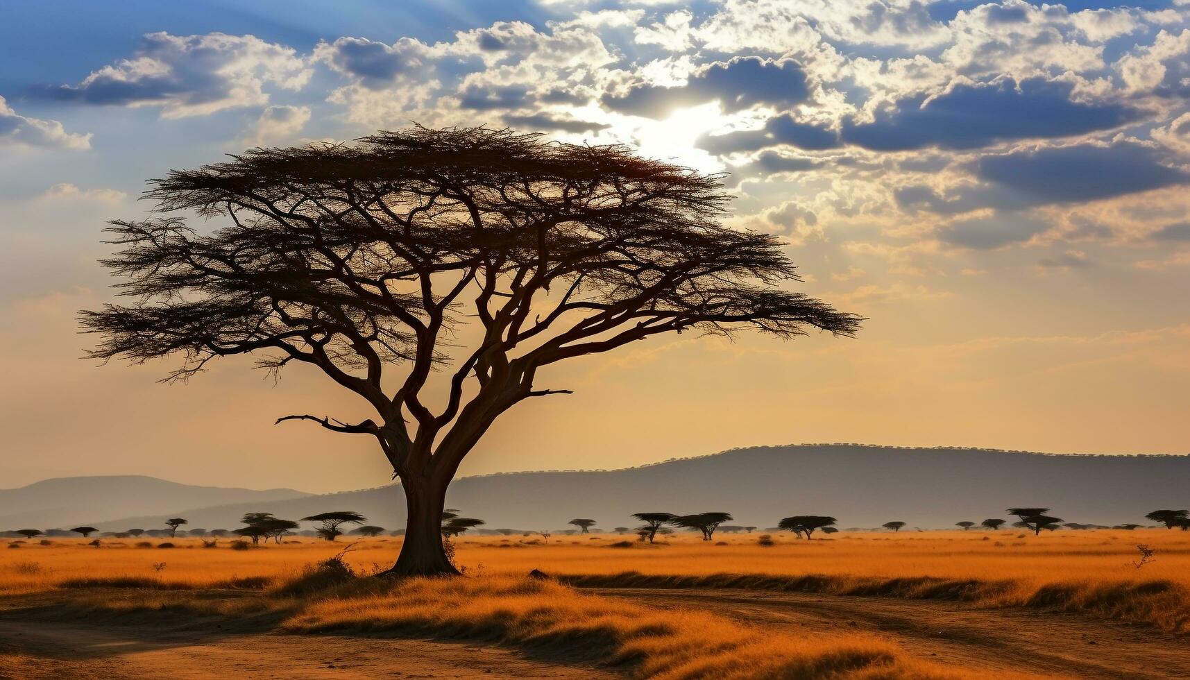 AI generated Silhouette of acacia tree in African sunset generated by AI photo