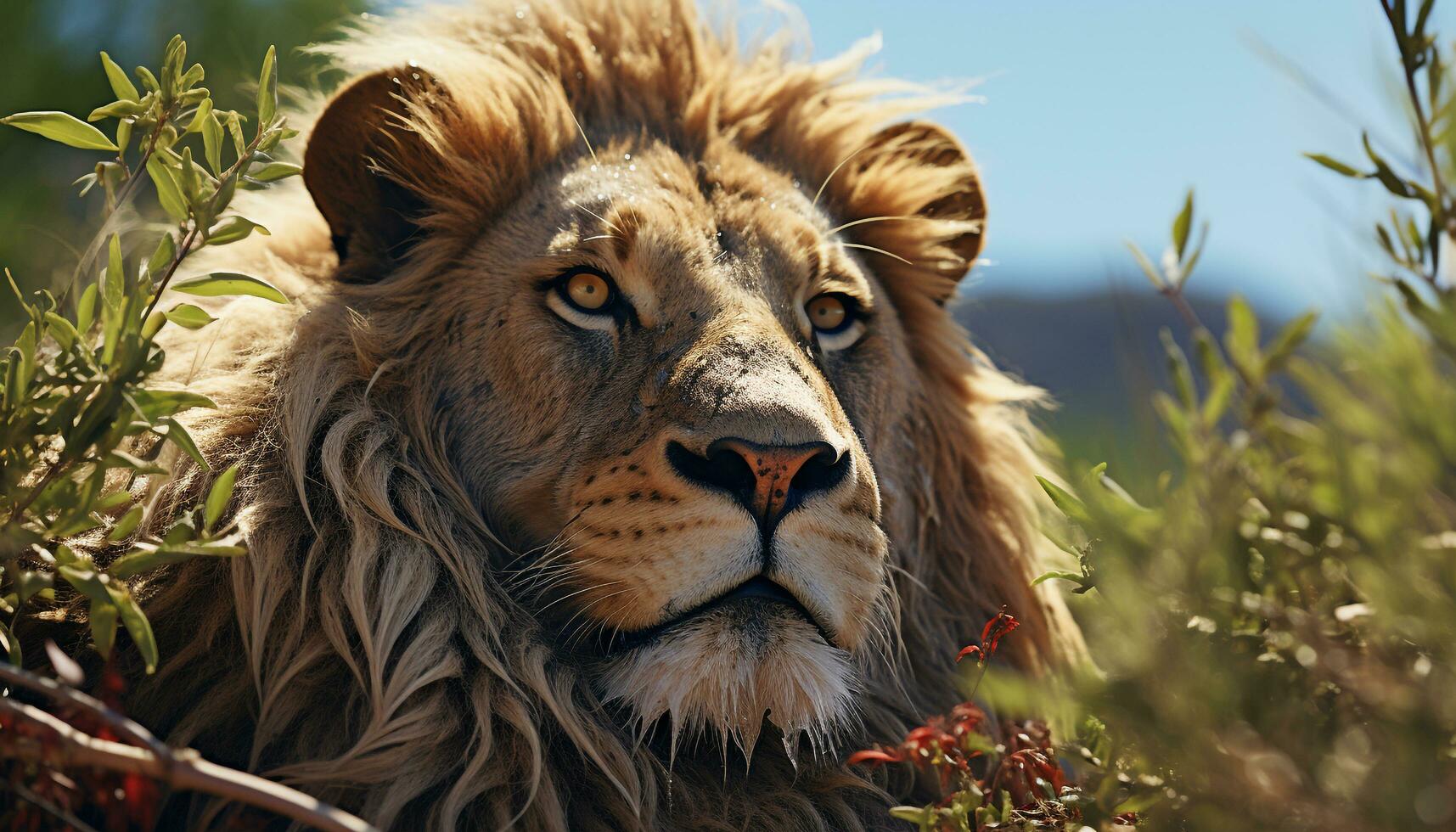 AI generated Majestic lioness hiding in grass, looking away generated by AI photo