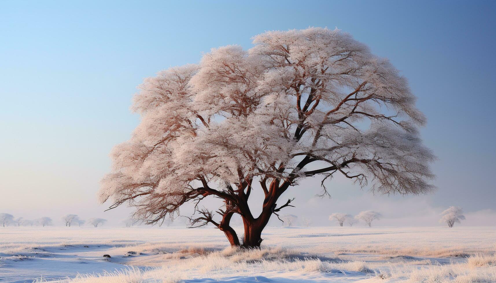 AI generated Winter landscape  snow covered forest, frost on tree branches generated by AI photo