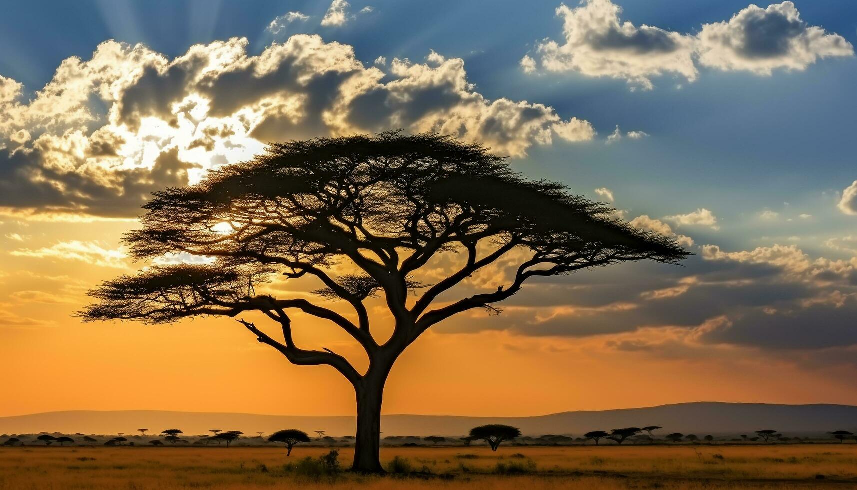 AI generated Silhouette of acacia tree in African sunset generated by AI photo