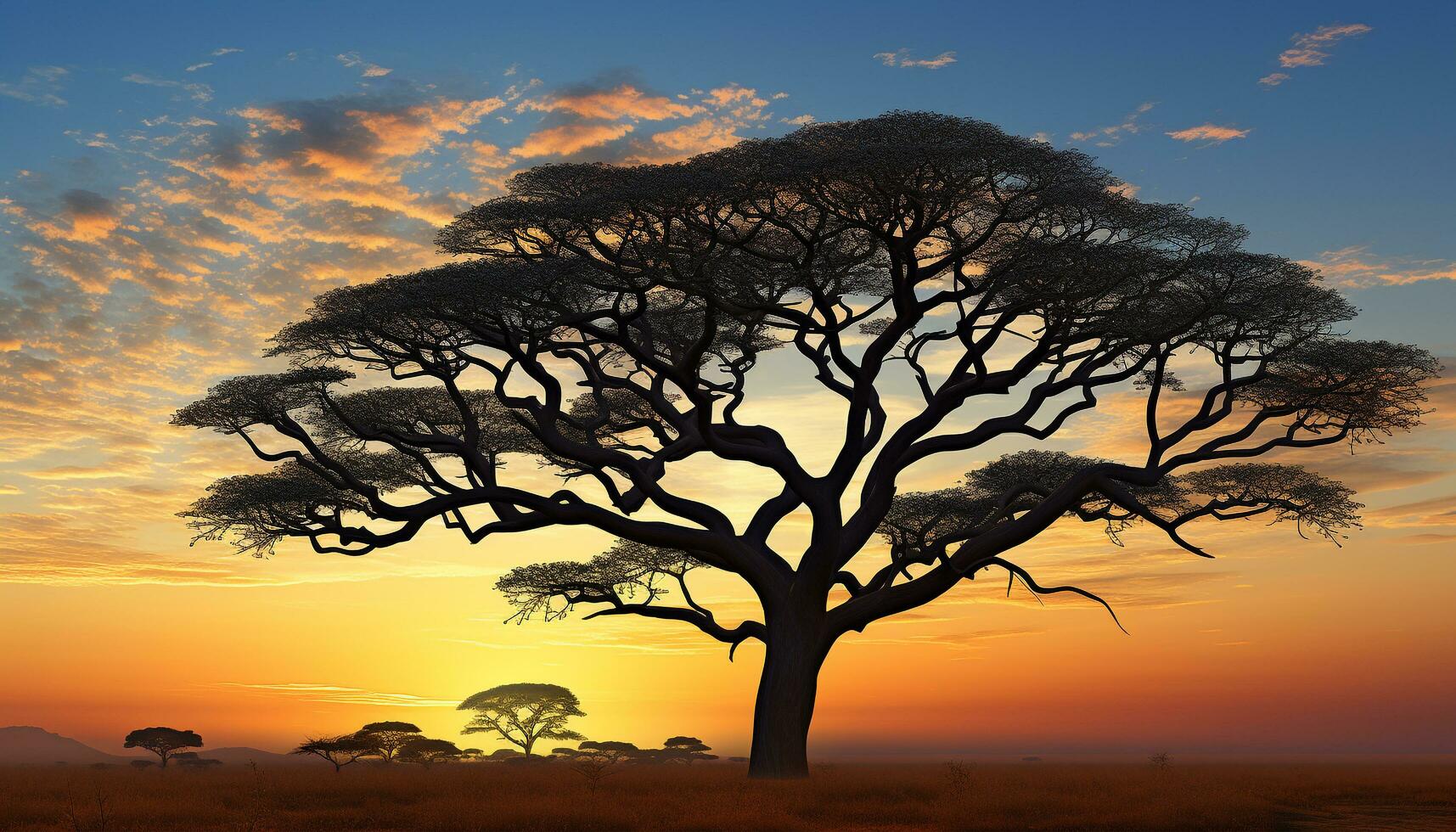 AI generated Silhouette of acacia tree in African sunset generated by AI photo