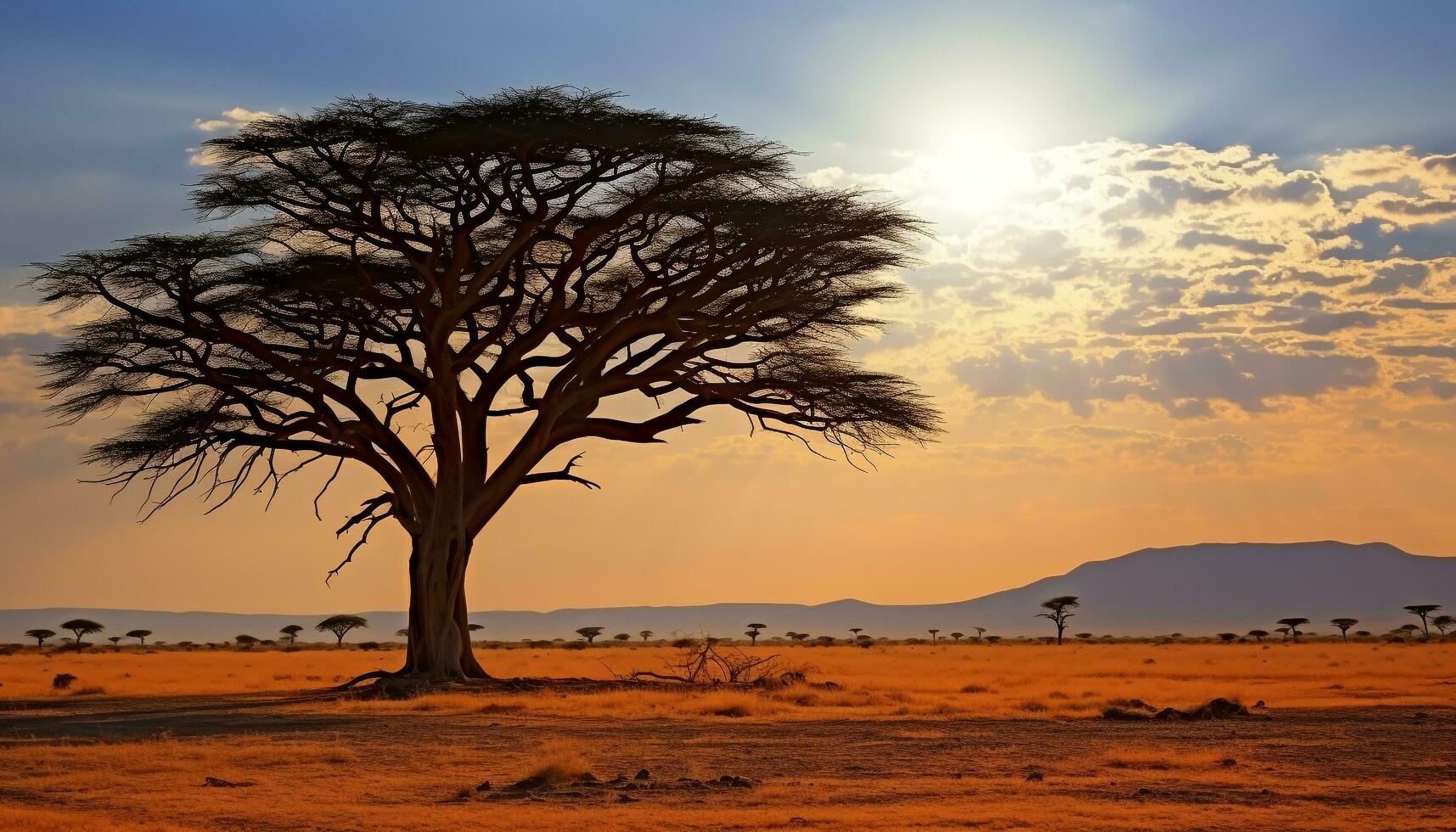 AI generated Silhouette of acacia tree in African sunset generated by AI photo