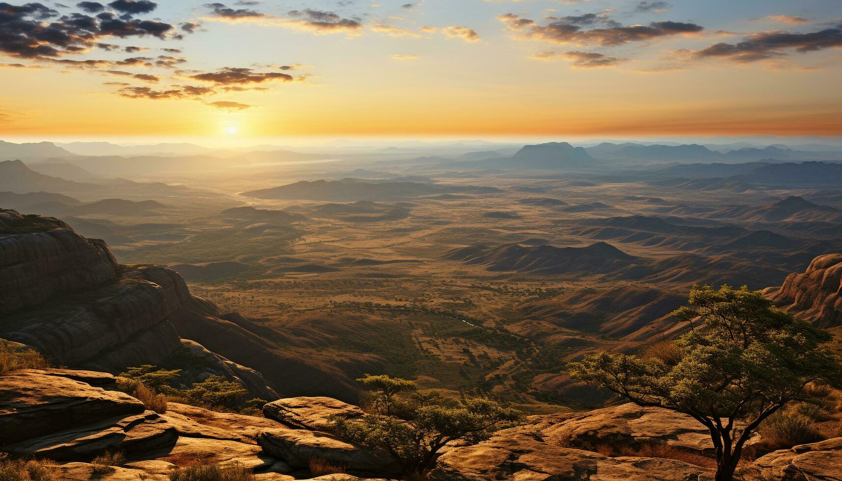 AI generated Majestic mountain peak, sunset sky, tranquil nature generated by AI photo