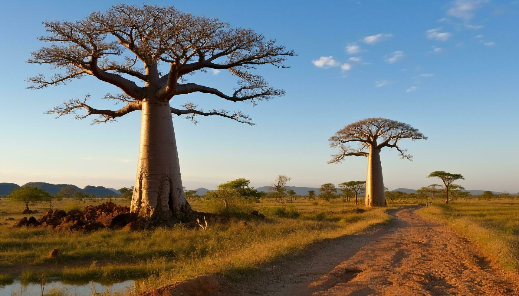 AI generated Savannah landscape, acacia tree, wildlife reserve, sunset generated by AI photo