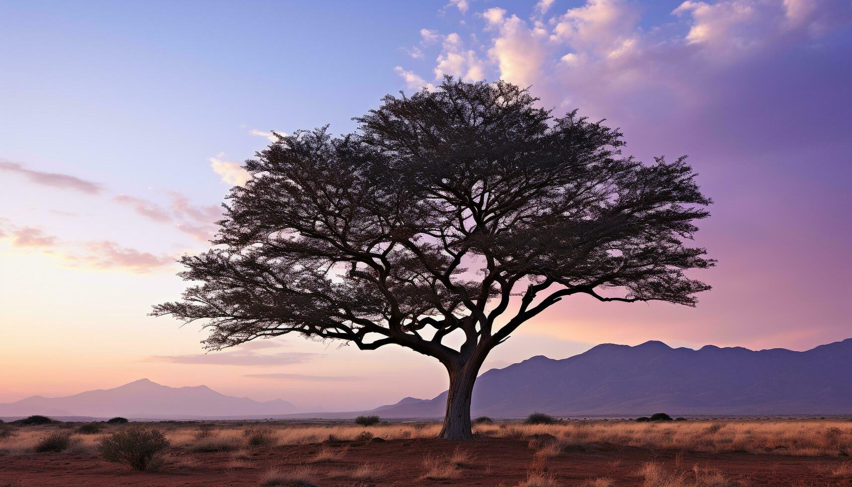 AI generated Silhouette of acacia tree on African savannah generated by AI photo