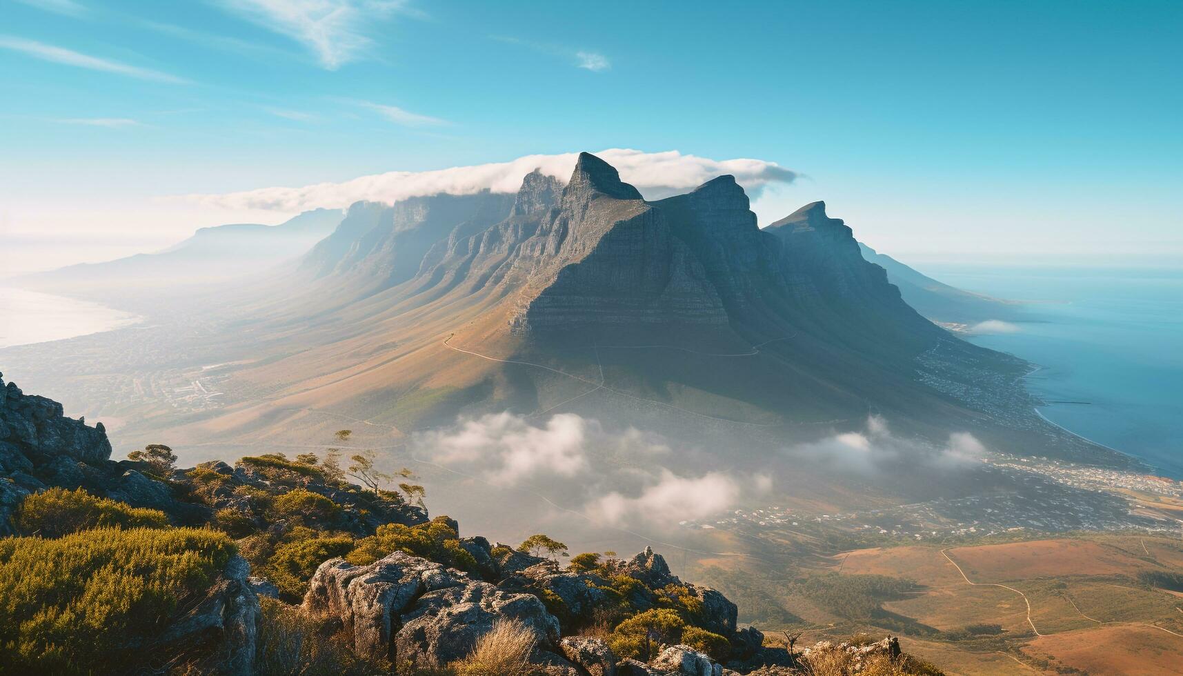 AI generated Majestic mountain peak, blue sky, and coastline generated by AI photo