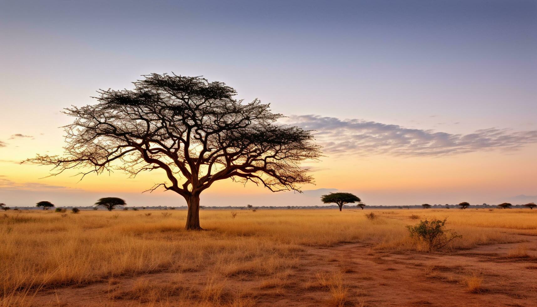 AI generated Silhouette of acacia tree on African savannah generated by AI photo