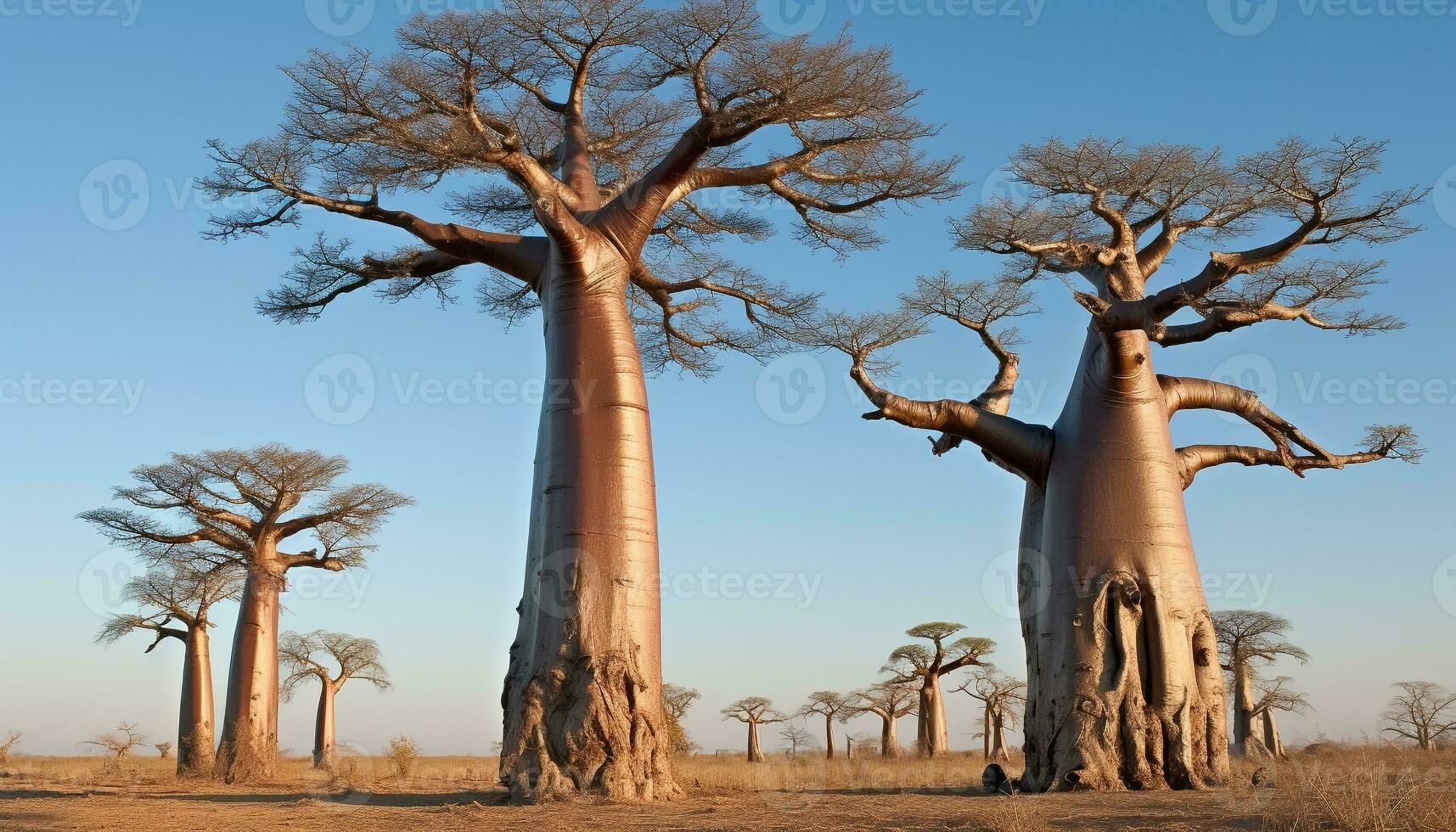 AI generated Silhouette of large baobab tree in African savannah generated by AI photo