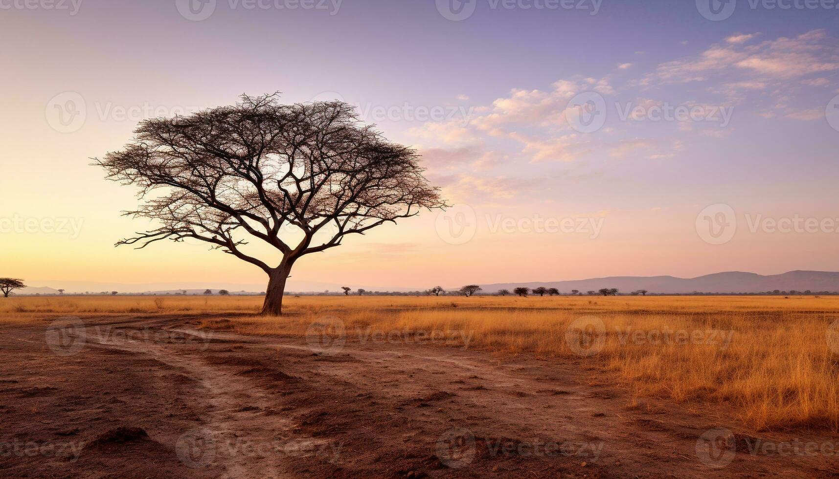 ai generado puesta de sol silueta, África seco sabana, tranquilo belleza generado por ai foto