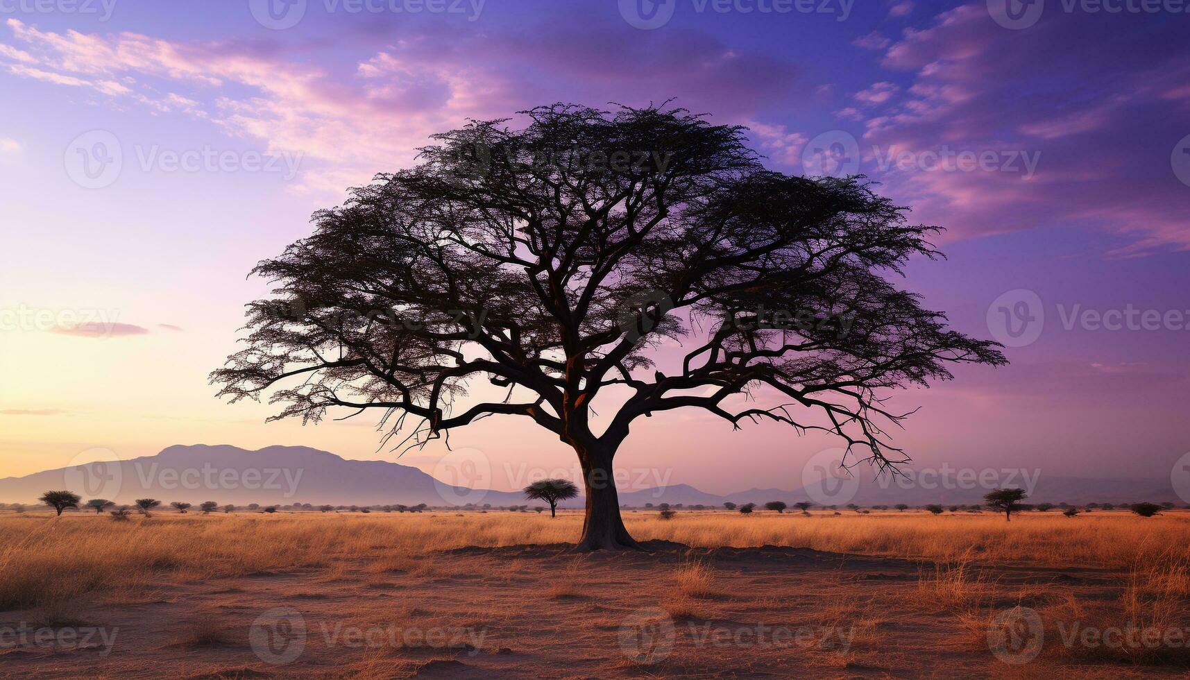 AI generated Silhouette of acacia tree in African sunset generated by AI photo