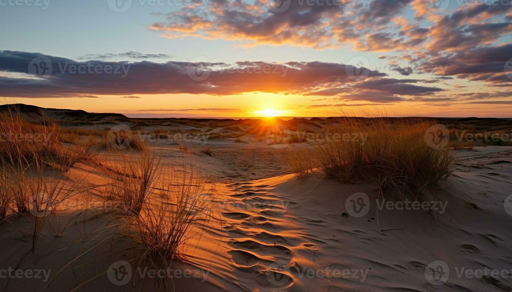 AI generated Sunset over sand dunes, nature tranquil scene generated by AI photo