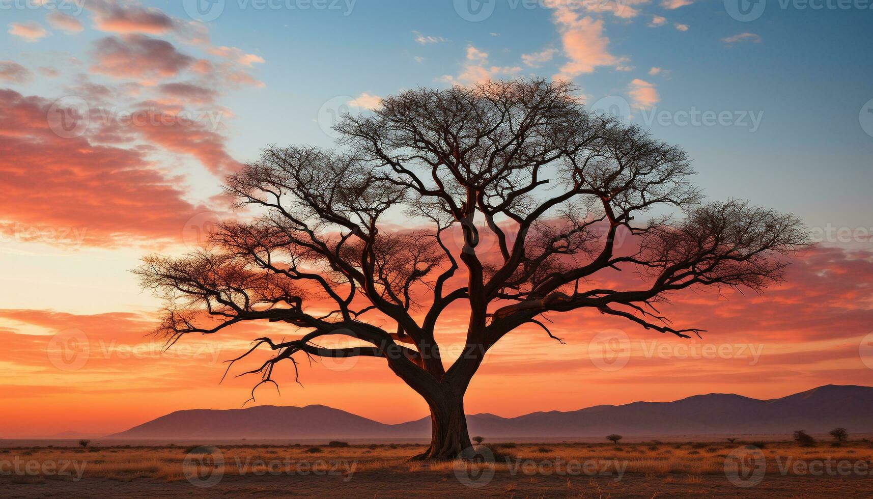 AI generated Silhouette of acacia tree in African sunset generated by AI photo