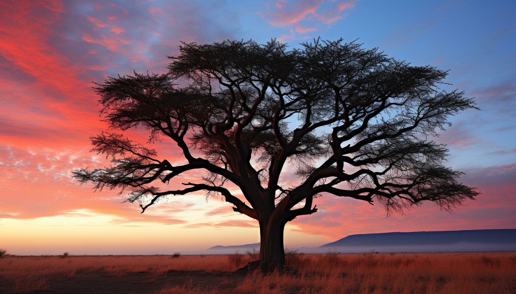 AI generated Silhouette of acacia tree against orange sunset sky generated by AI photo