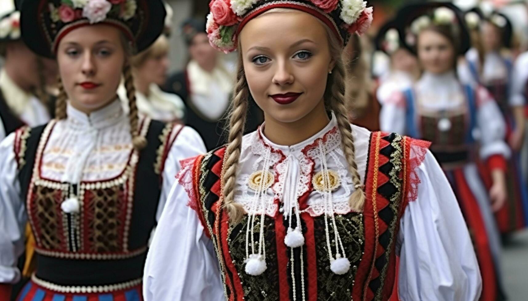 ai generado tradicional ropa, mujer bailando en un tradicional festival generado por ai foto