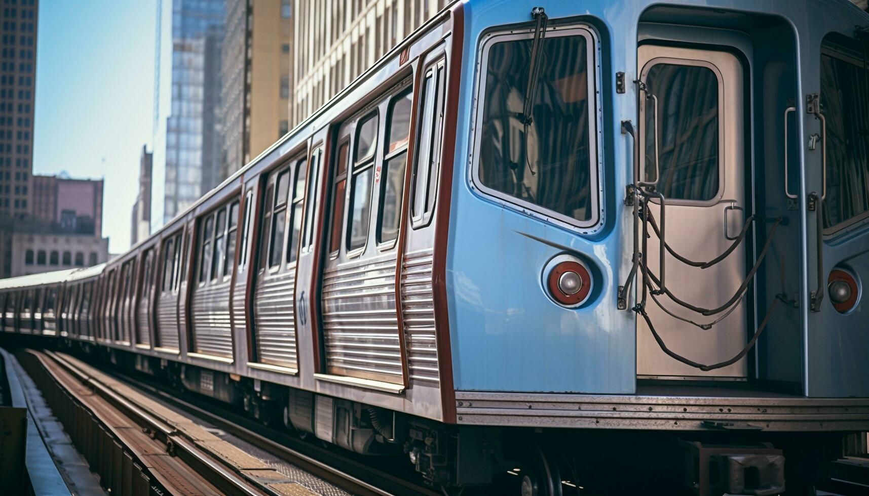 AI generated City life in motion, subway train illuminates modern architecture generated by AI photo