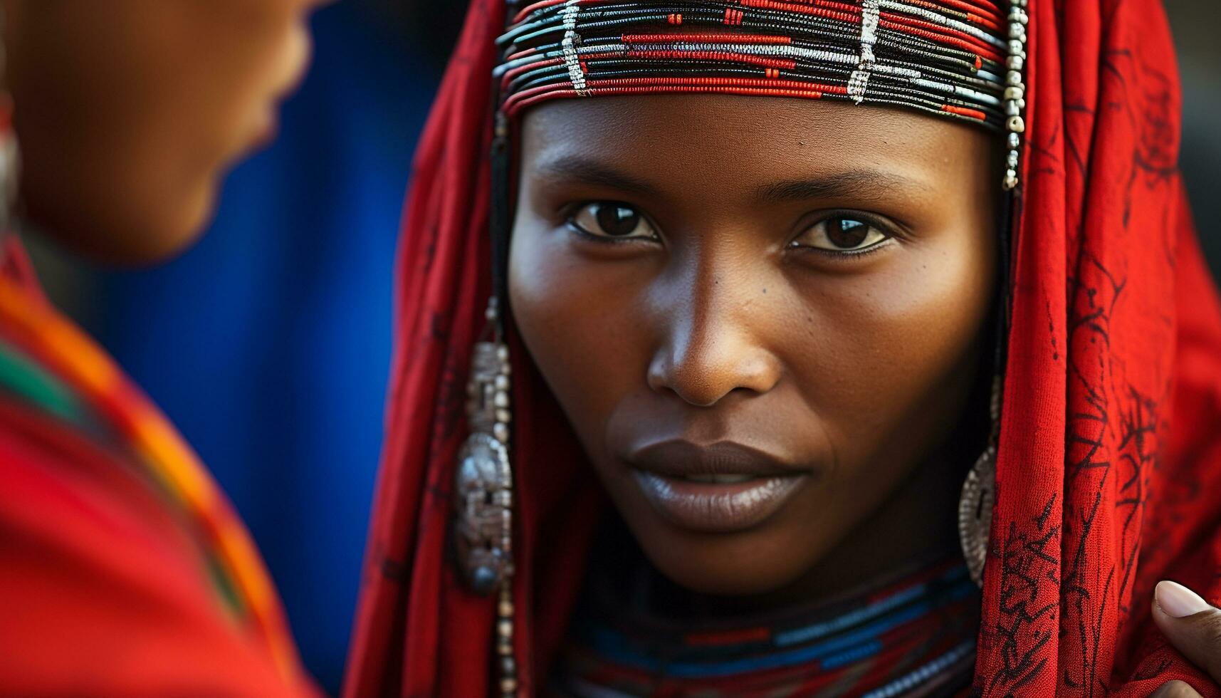 ai generado joven africano mujer en tradicional ropa sonriente al aire libre generado por ai foto