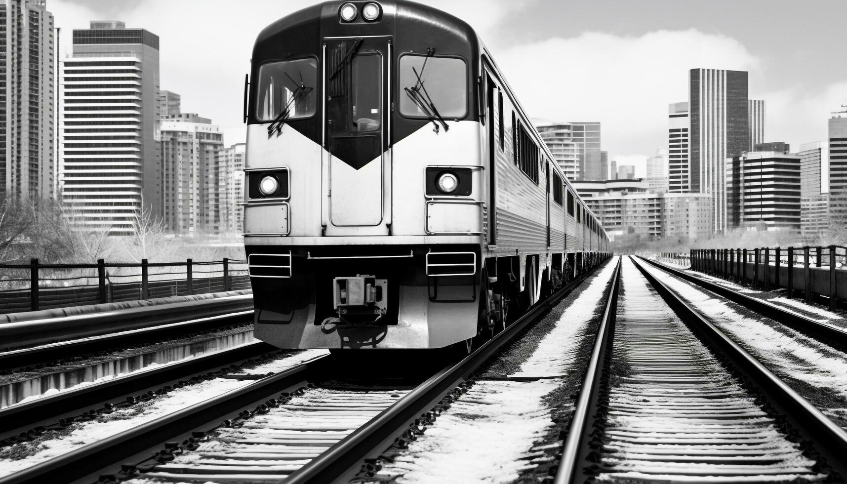 AI generated Train speeding through city, vanishing point perspective generated by AI photo