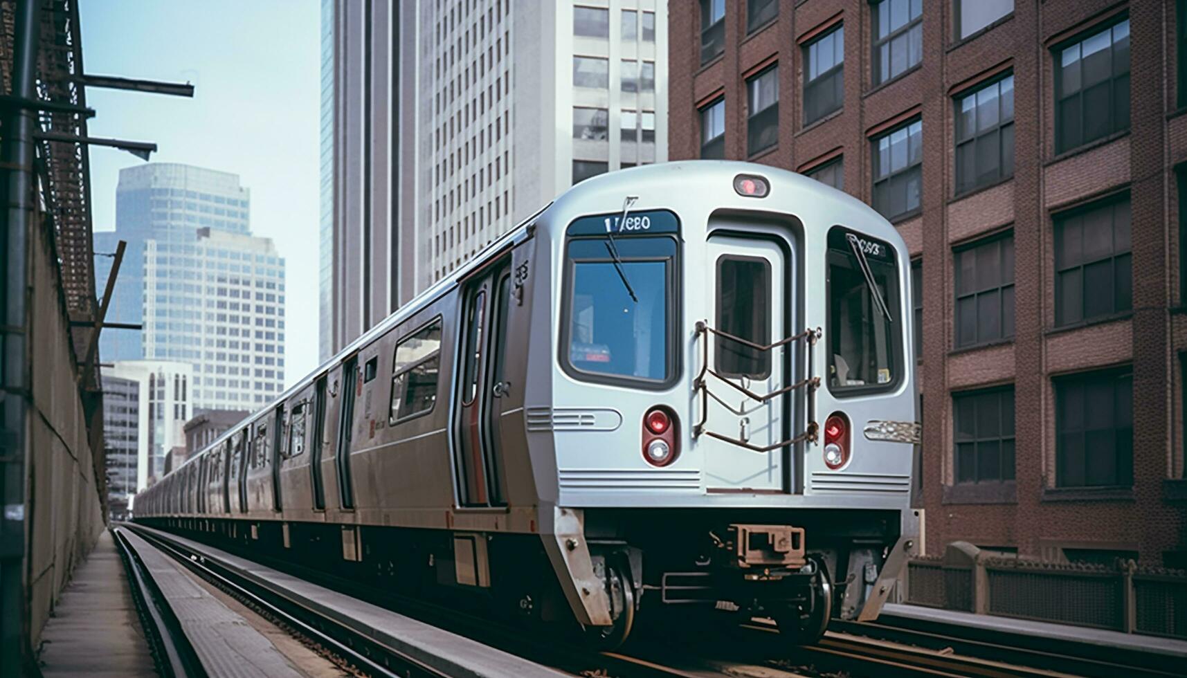 AI generated Subway train speeds through city, illuminating skyscrapers generated by AI photo