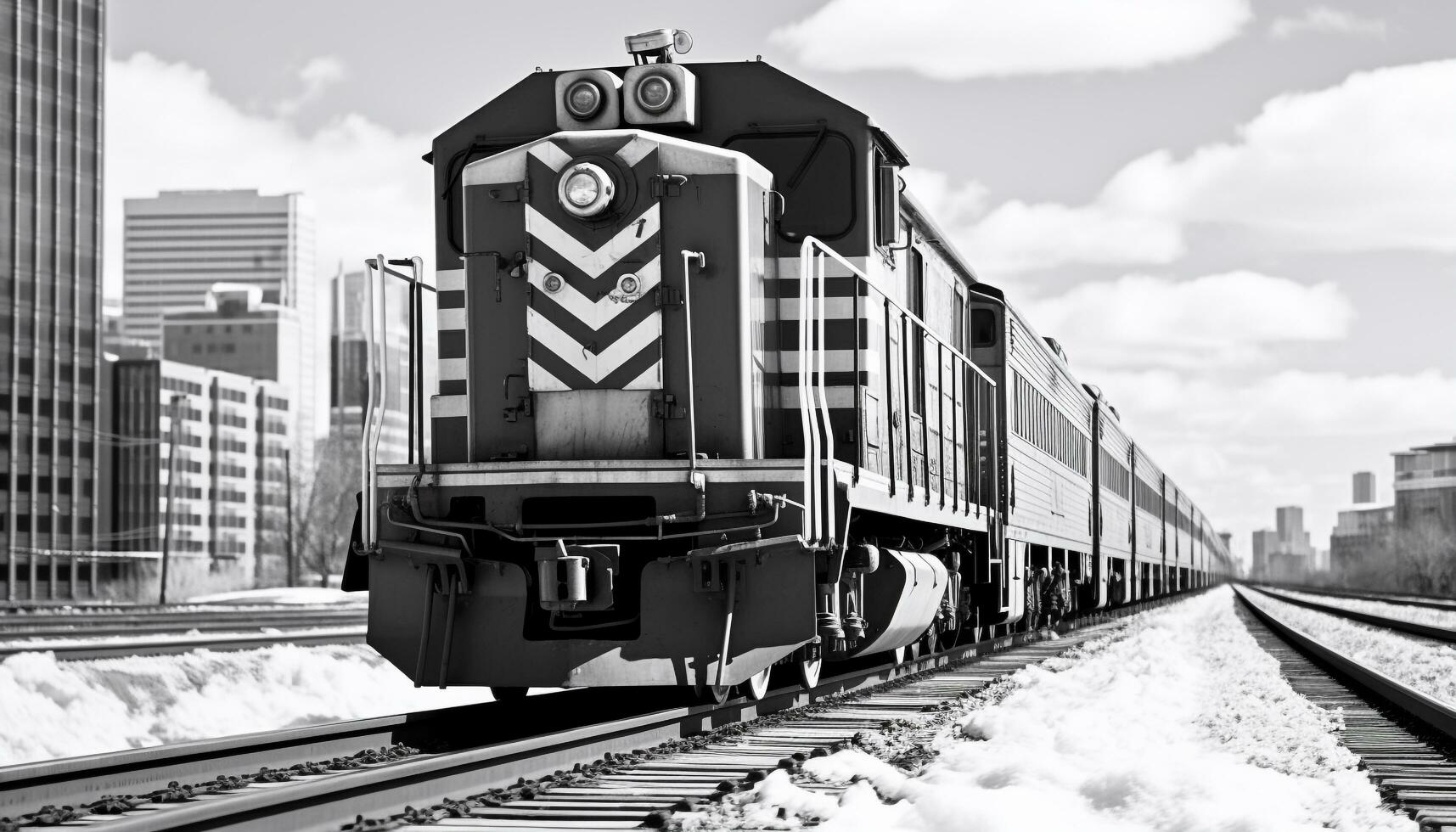 AI generated Steam train on railroad track in snowy cityscape generated by AI photo