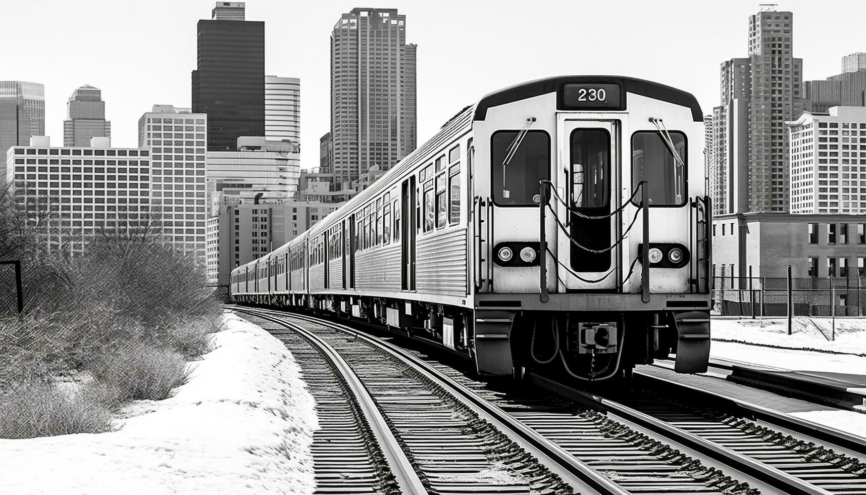 AI generated City life in motion, train speeds through skyline generated by AI photo