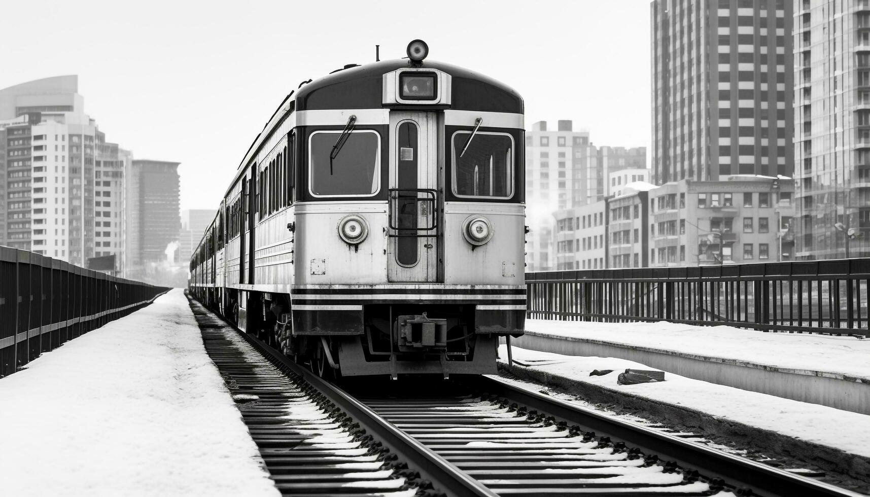 ai generado nieve cubierto ferrocarril pistas en un bullicioso ciudad generado por ai foto