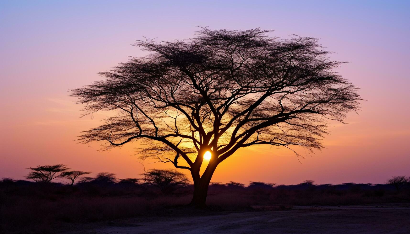 AI generated Silhouette of acacia tree in African sunset generated by AI photo