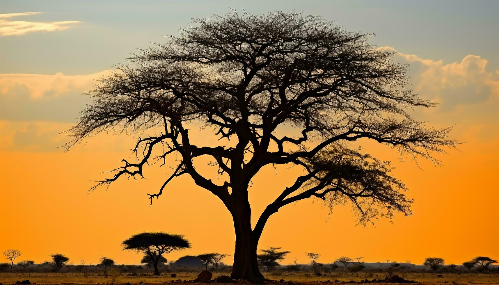 AI generated Silhouette of acacia tree in African sunset generated by AI photo