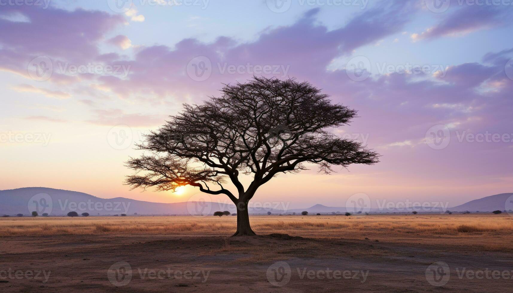 AI generated Silhouette of acacia tree in African sunset generated by AI photo