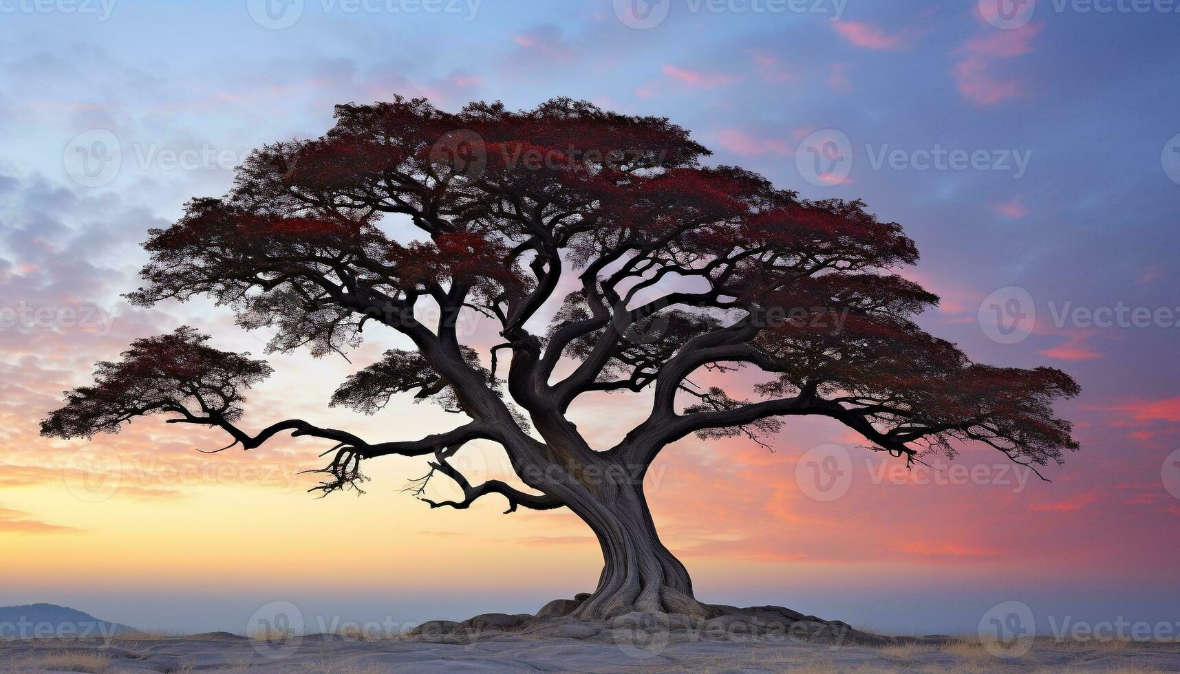 AI generated Silhouette of acacia tree against purple twilight sky generated by AI photo