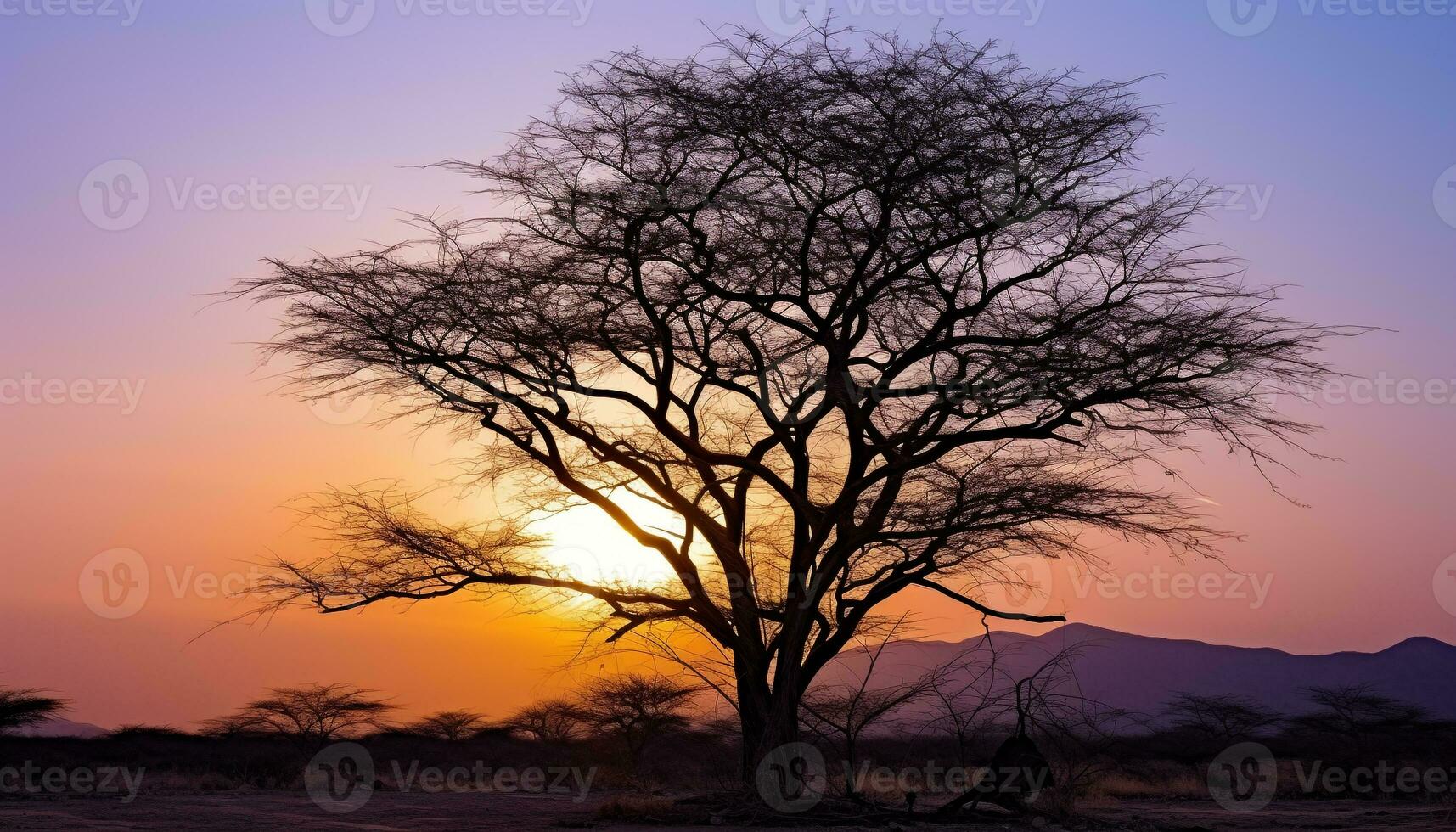 AI generated Silhouette of acacia tree in African sunset generated by AI photo
