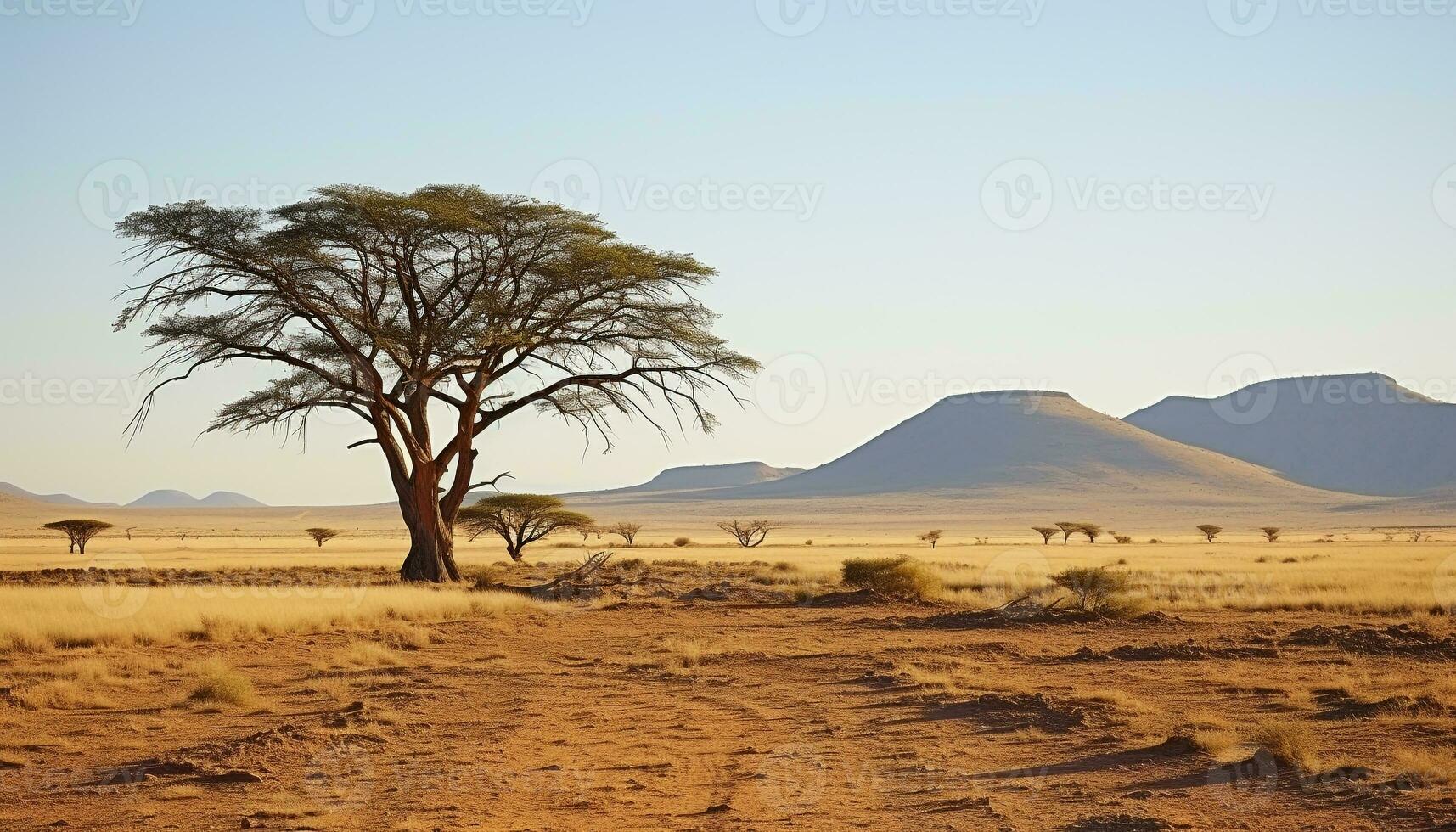 AI generated African landscape, dry savannah, acacia tree, extreme heat generated by AI photo