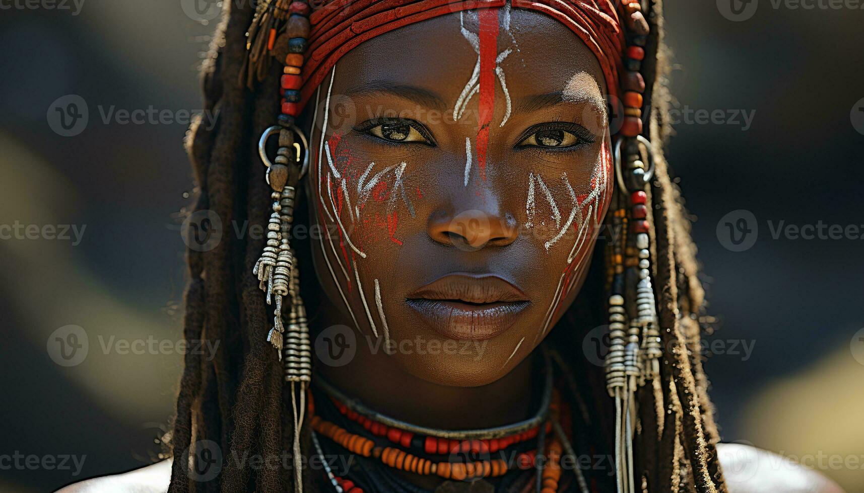 AI generated Young African woman in traditional clothing smiling outdoors generated by AI photo