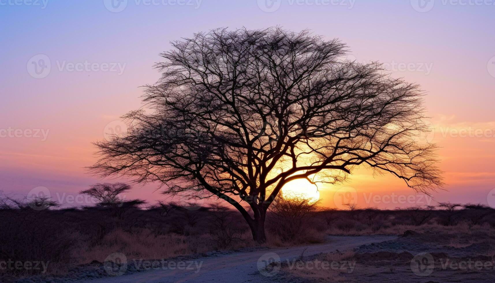 AI generated Silhouette of acacia tree in African sunset generated by AI photo