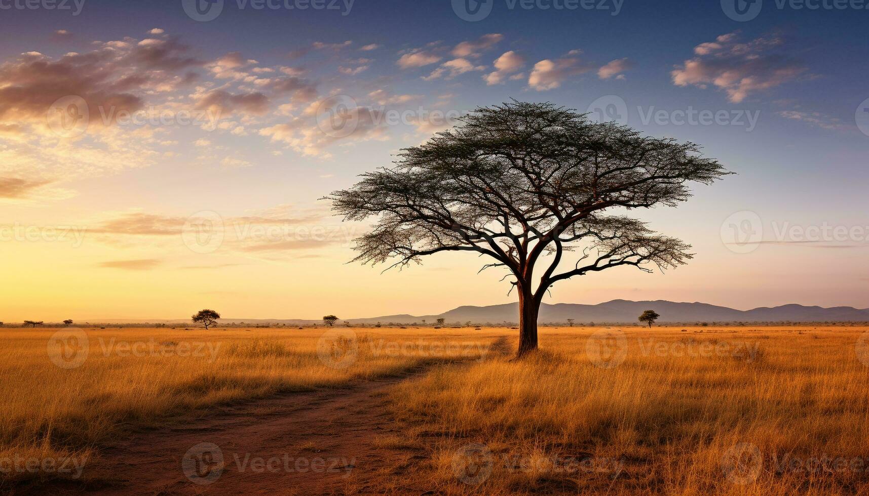 AI generated Sunset over African savannah, tree silhouettes in dusk generated by AI photo