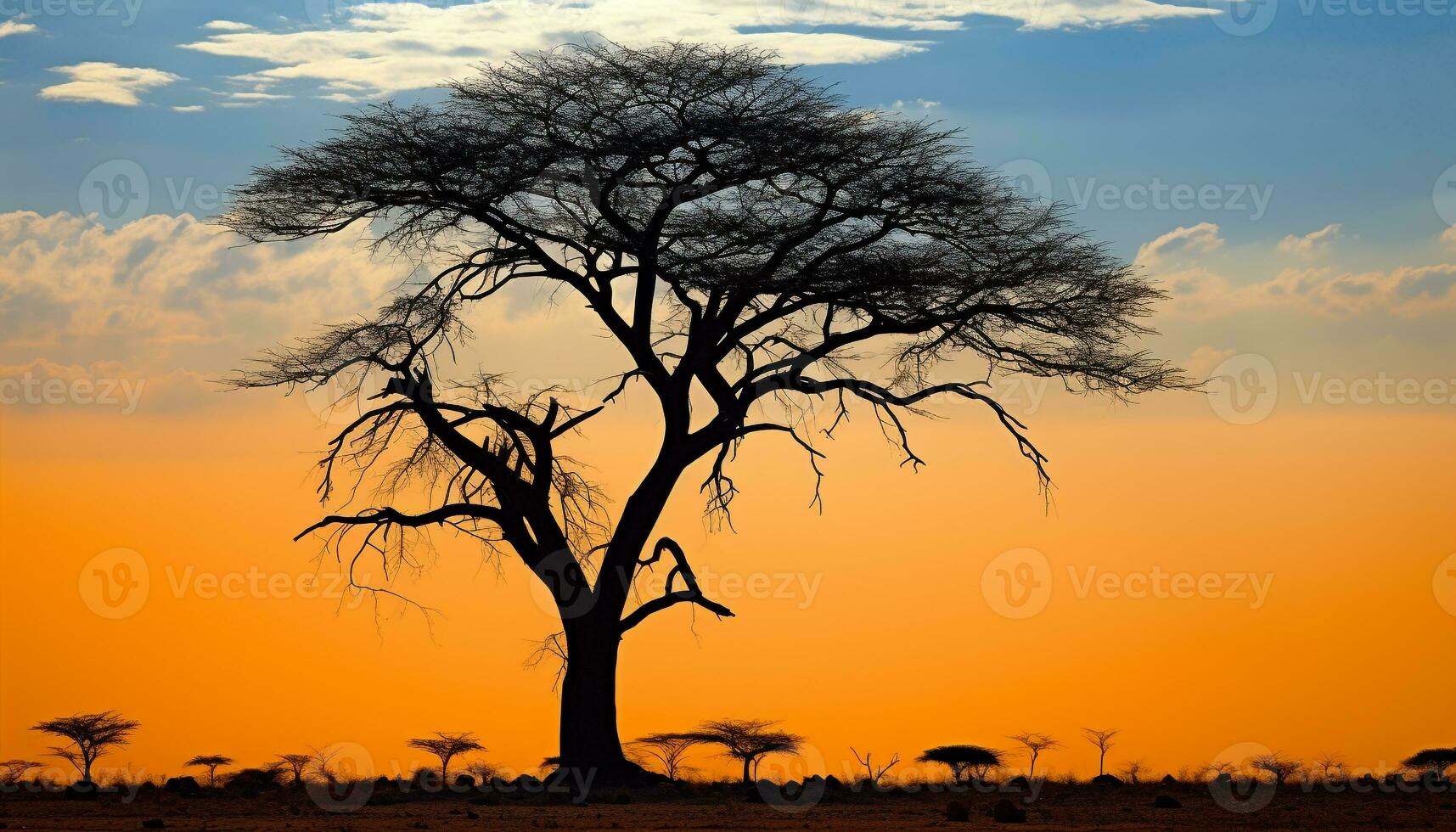 AI generated Silhouette of acacia tree in African sunset generated by AI photo