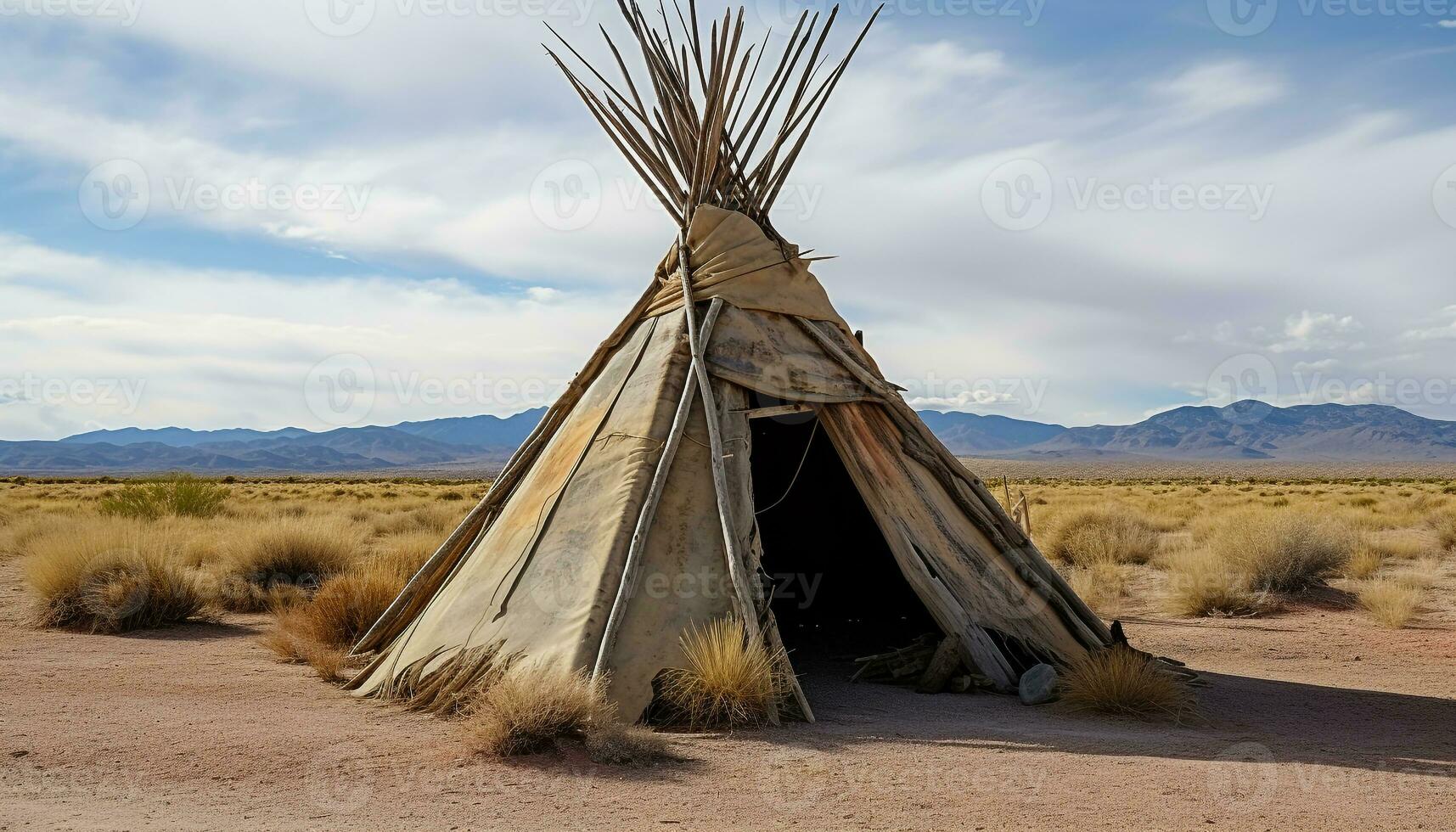 AI generated North American tribal culture in arid mountain landscape generated by AI photo