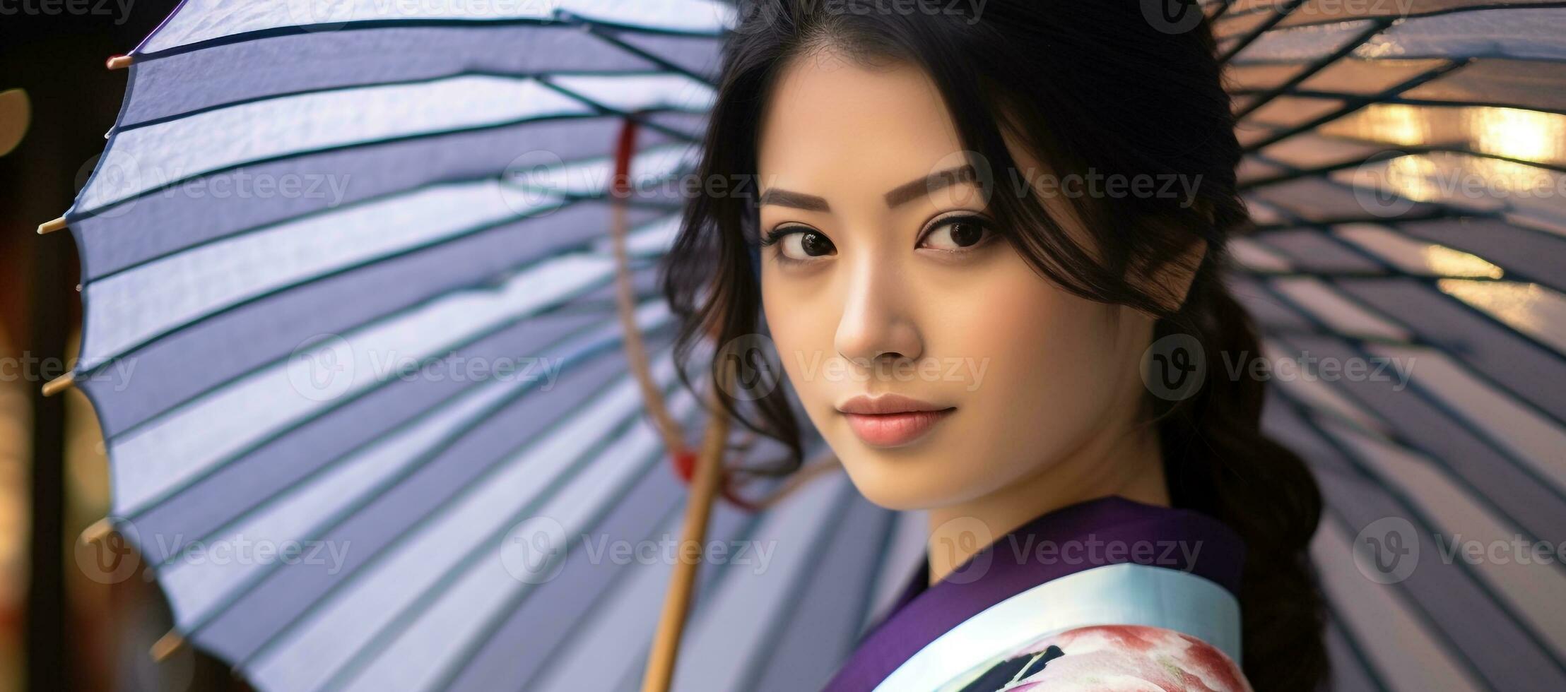 ai generado sonriente joven mujer participación paraguas en el lluvia generado por ai foto