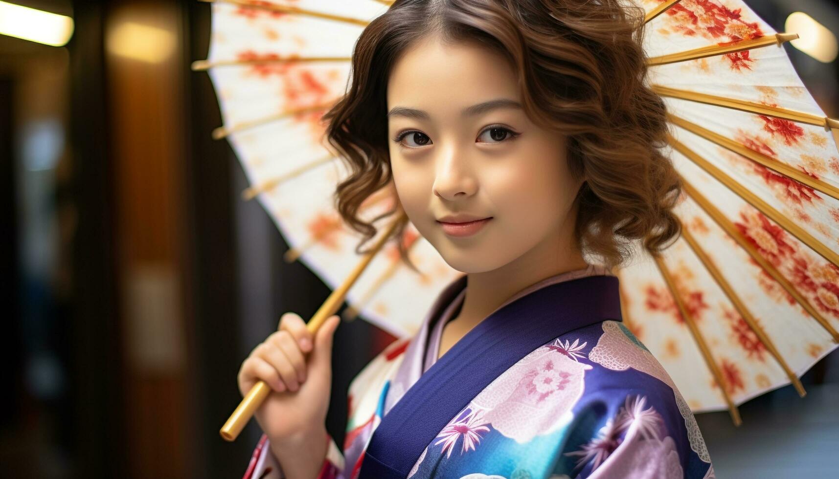 ai generado sonriente joven mujer participación tradicional japonés paraguas generado por ai foto