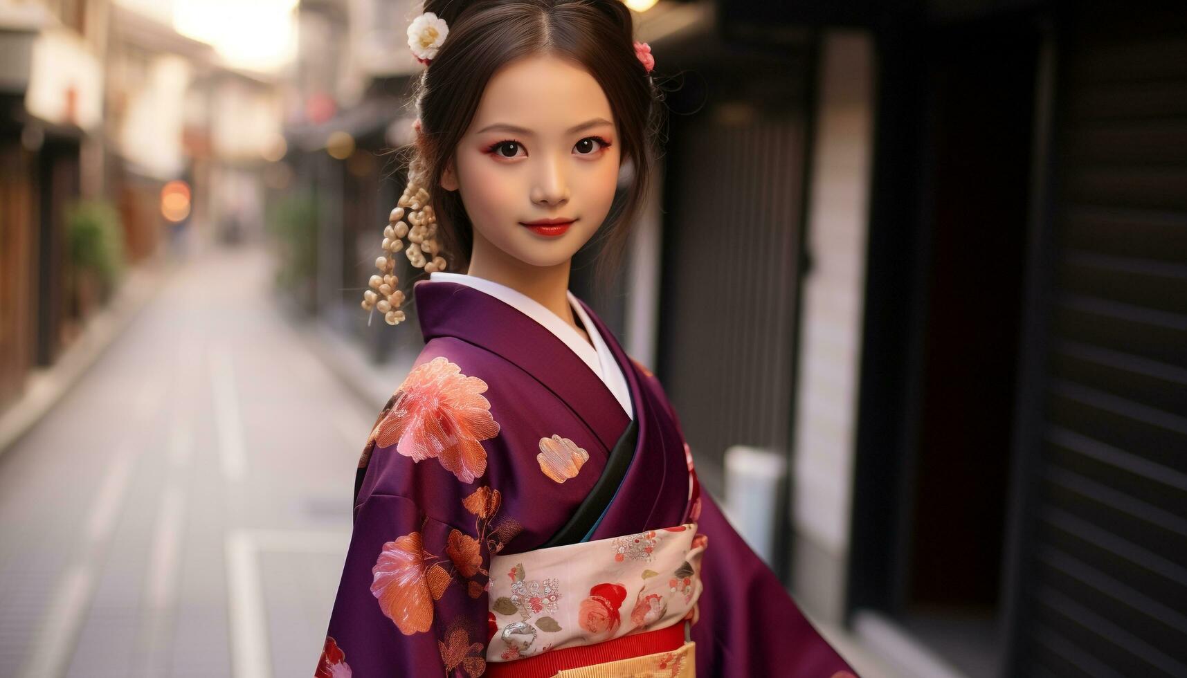 ai generado sonriente geisha en tradicional ropa exuda elegancia generado por ai foto