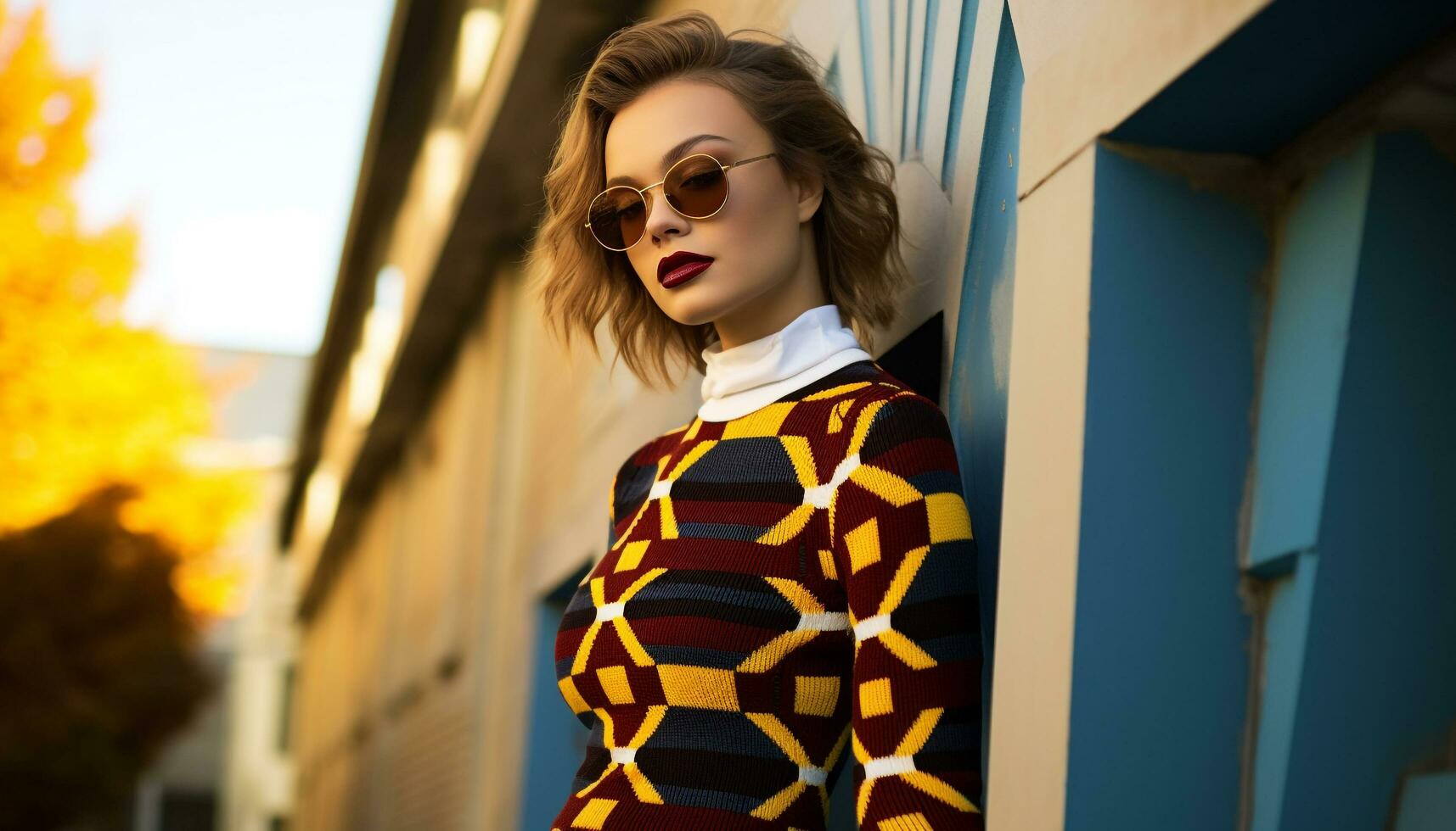 ai generado sonriente mujer en Gafas de sol exuda elegancia y belleza generado por ai foto